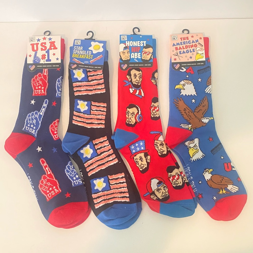 4 Pairs of USA Patriotic Socks Unisex Crew One Size Americana By Locals Only NEW